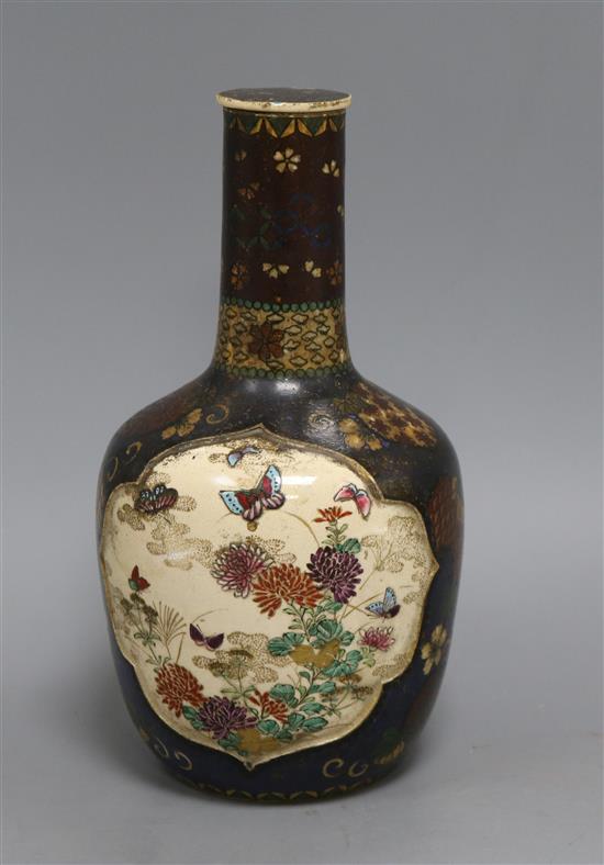 A Japanese cloisonne on earthenware sake bottle by Kinkozan